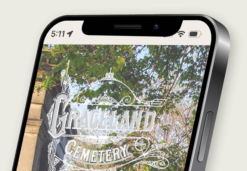 mobile phone image with Graceland Cemetery app on screen
