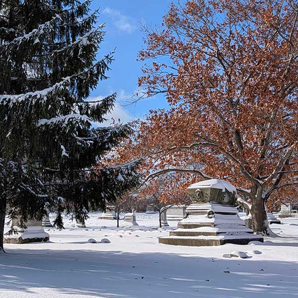 Graceland Cemetery grounds with marker under snow photo